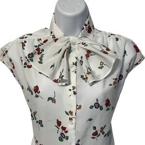 Vintage 60s Ship N Shore Floral Print Bow Collared Blouse Size 10 Girly Pinup